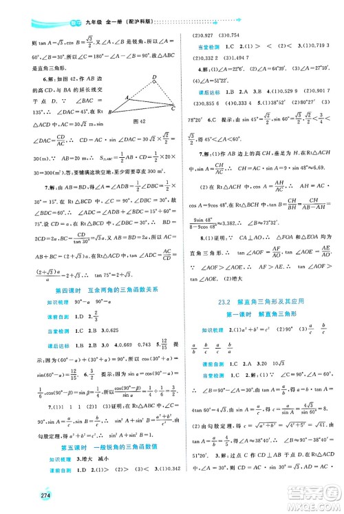 广西师范大学出版社2025年春新课程学习与测评同步学习九年级数学下册沪科版答案
