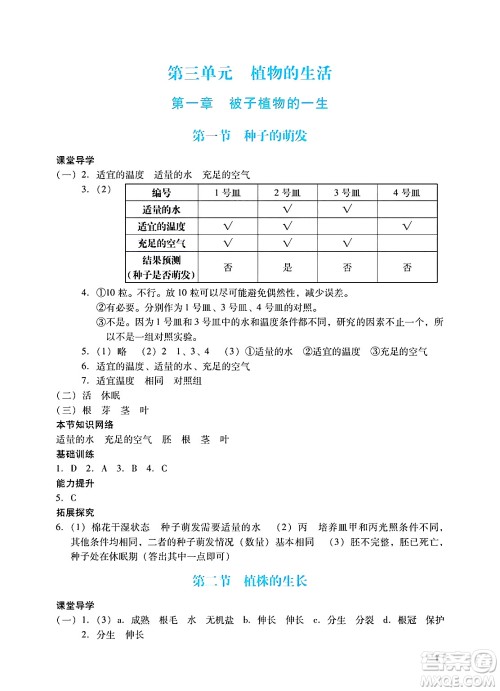 广州出版社2025年春阳光学业评价七年级生物下册人教版答案