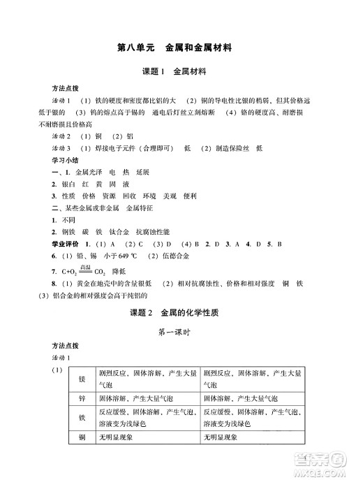广州出版社2025年春阳光学业评价九年级化学下册人教版答案