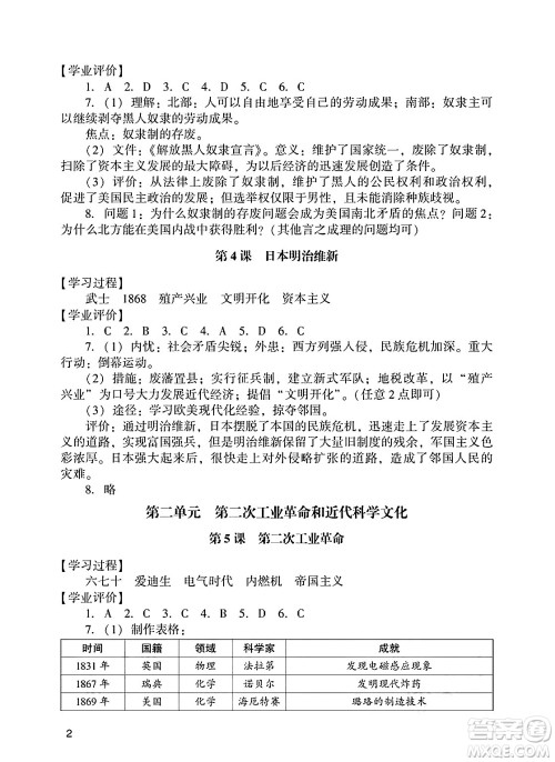 广州出版社2025年春阳光学业评价九年级历史下册人教版答案