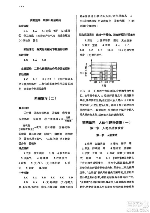 大象出版社2025年春基础训练七年级生物下册人教版答案 大象出版社2025年春基础训练七年级生物下册人教版答案