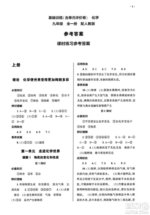 大象出版社2025年春基础训练九年级化学下册人教版答案
