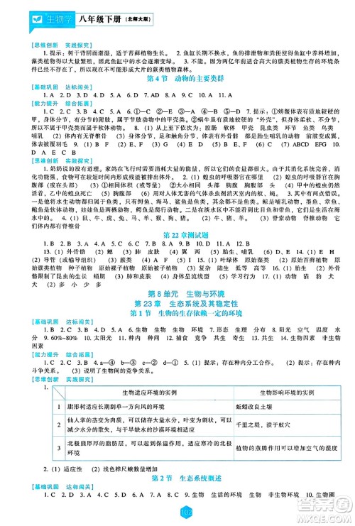 辽海出版社2025年春新课程能力培养八年级生物下册北师大版答案 辽海出版社2025年春新课程能力培养八年级生物下册北师大版答案