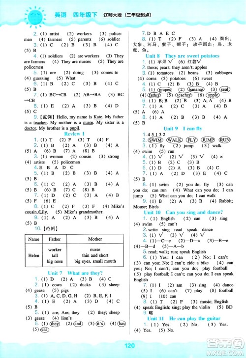 辽海出版社2025年春新课程能力培养四年级英语下册辽师版三起点答案