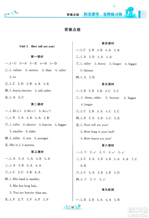 人民教育出版社2025年春阳光课堂金牌练习册六年级英语下册人教PEP版答案 人民教育出版社2025年春阳光课堂金牌练习册六年级英语下册人教PEP版答案