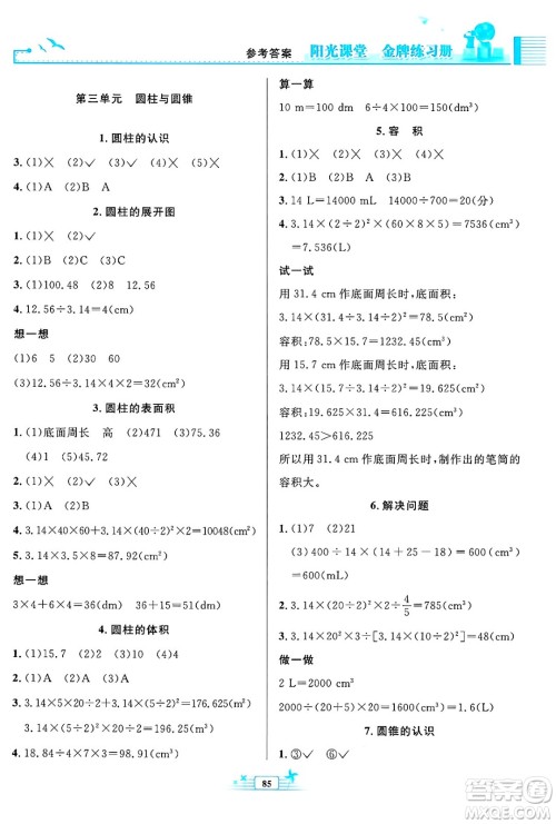 人民教育出版社2025年春阳光课堂金牌练习册六年级数学下册人教版答案