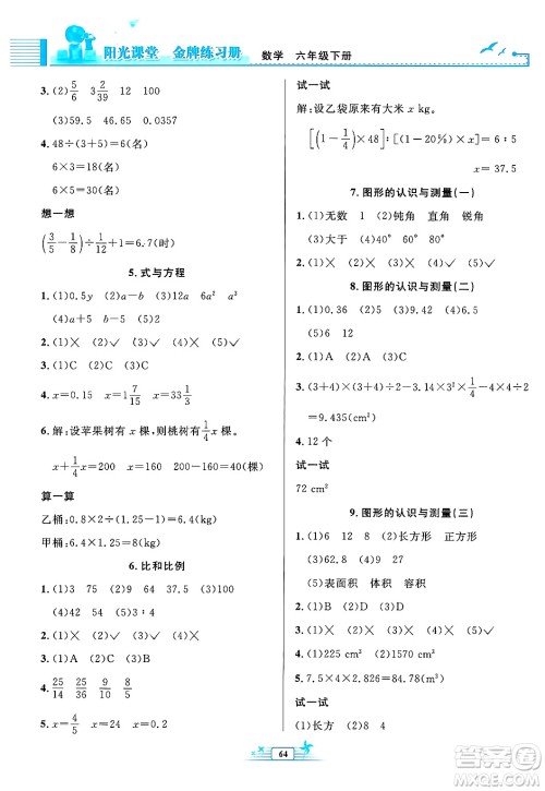人民教育出版社2025年春阳光课堂金牌练习册六年级数学下册人教版福建专版答案