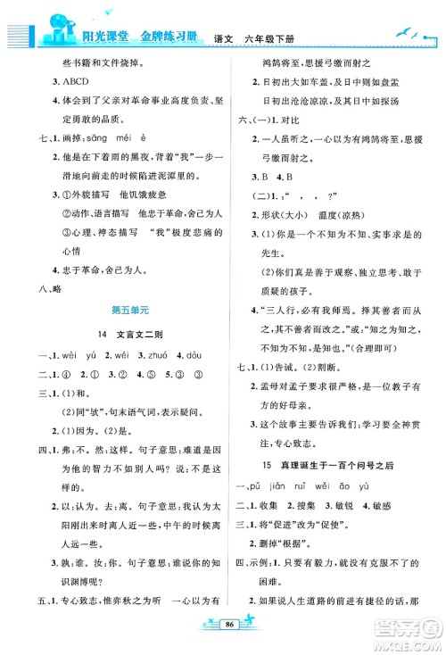 人民教育出版社2025年春阳光课堂金牌练习册六年级语文下册人教版答案 人民教育出版社2025年春阳光课堂金牌练习册六年级语文下册人教版答案