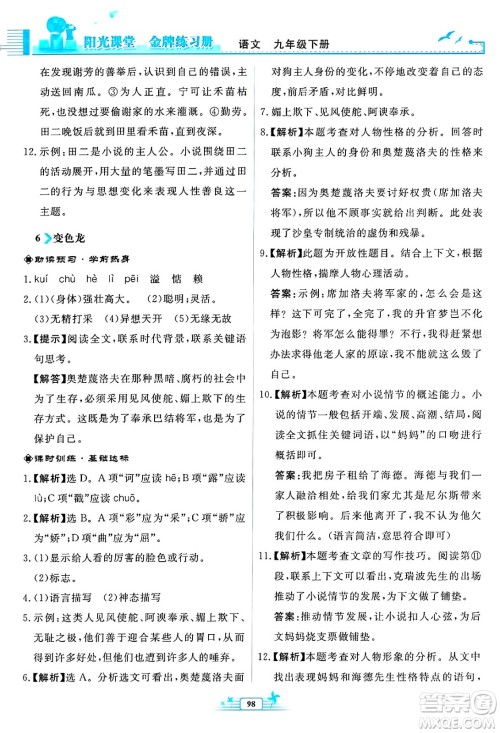 人民教育出版社2025年春阳光课堂金牌练习册九年级语文下册人教版福建专版答案