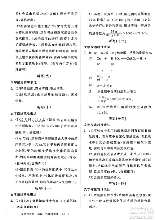 沈阳出版社2025年春全品作业本九年级化学下册人教版河北专版答案