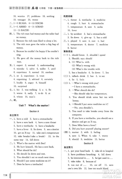 山东教育出版社2025年春初中同步练习册七年级英语下册鲁教版五四制答案