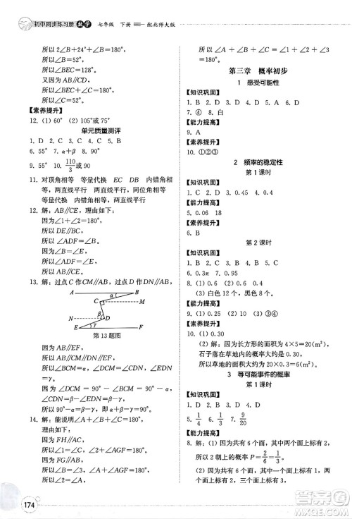 山东教育出版社2025年春初中同步练习册七年级数学下册北师大版答案 山东教育出版社2025年春初中同步练习册七年级数学下册北师大版答案
