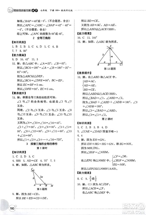 山东教育出版社2025年春初中同步练习册七年级数学下册北师大版答案 山东教育出版社2025年春初中同步练习册七年级数学下册北师大版答案