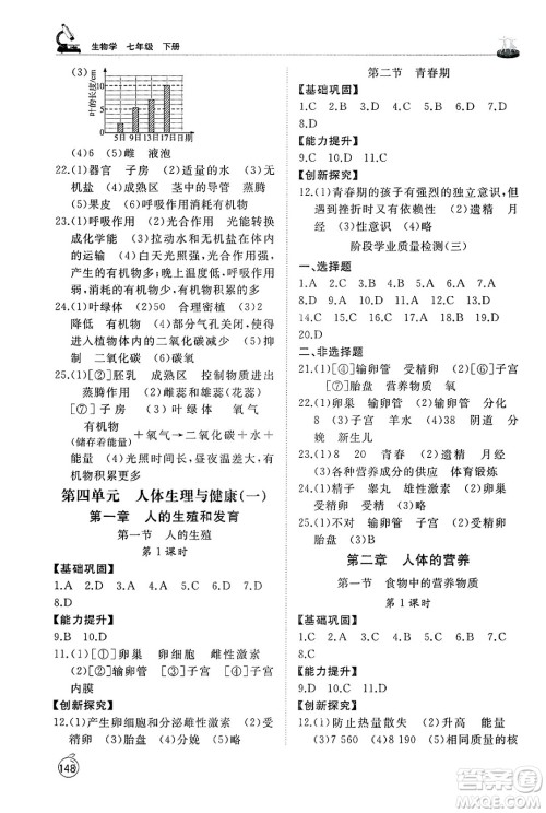 山东友谊出版社2025年春初中同步练习册七年级生物下册人教版山东专版答案