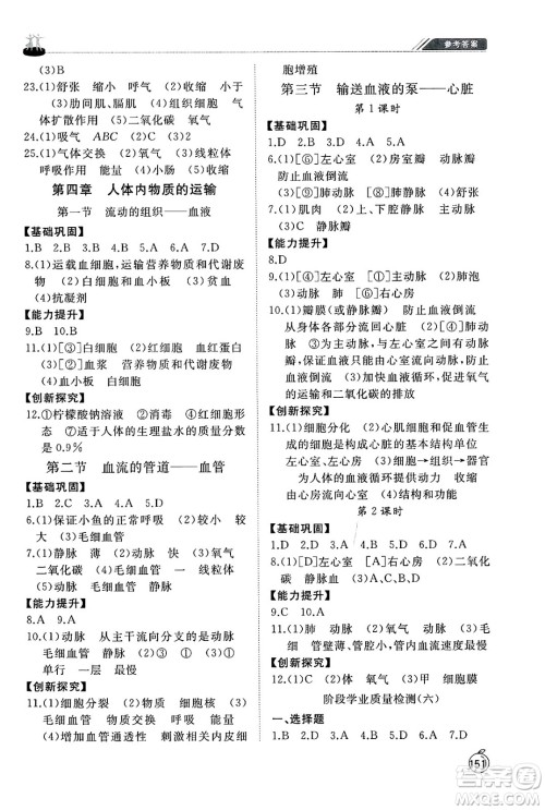 山东友谊出版社2025年春初中同步练习册七年级生物下册人教版山东专版答案