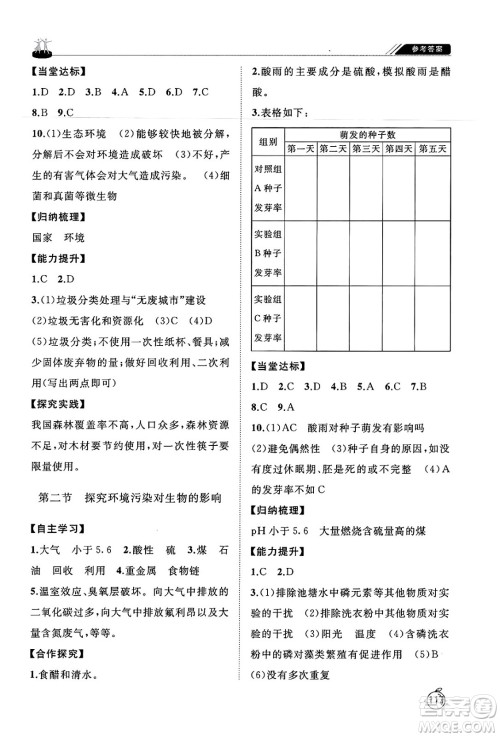 山东友谊出版社2025年春初中同步练习册七年级生物下册鲁科版五四制答案