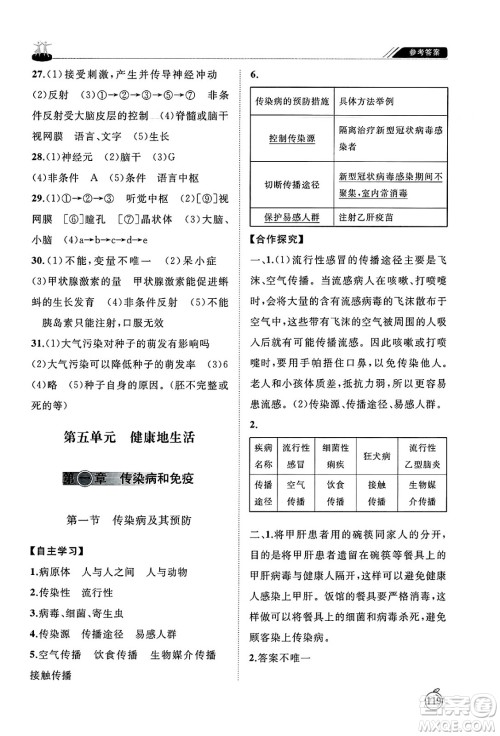 山东友谊出版社2025年春初中同步练习册七年级生物下册鲁科版五四制答案
