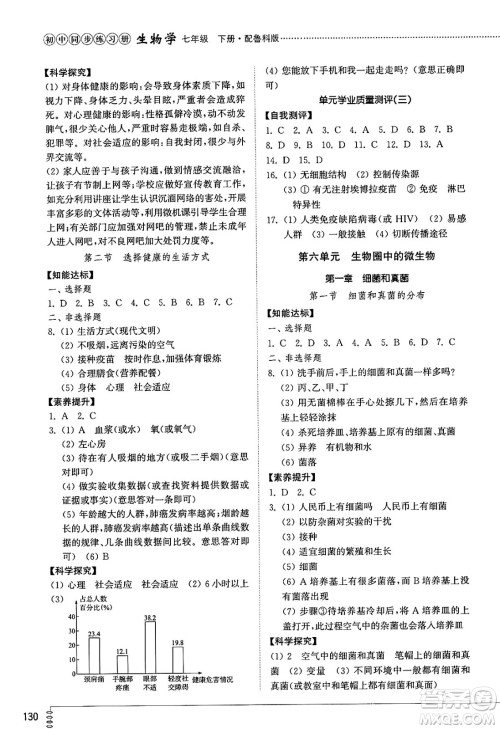 山东教育出版社2025年春初中同步练习册七年级生物下册鲁科版五四制答案 山东教育出版社2025年春初中同步练习册七年级生物下册鲁科版五四制答案