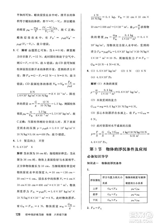 人民教育出版社2025年春初中同步练习册八年级物理下册人教版答案 人民教育出版社2025年春初中同步练习册八年级物理下册人教版答案