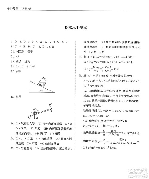 山东科学技术出版社2025年春初中同步练习册八年级物理下册人教版山东专版答案 山东科学技术出版社2025年春初中同步练习册八年级物理下册人教版山东专版答案
