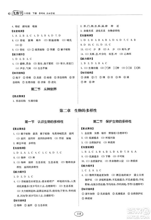 山东科学技术出版社2025年春初中同步练习册八年级生物下册鲁科版五四制答案 山东科学技术出版社2025年春初中同步练习册八年级生物下册鲁科版五四制答案
