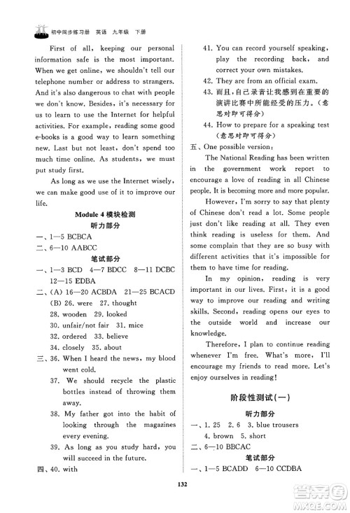 山东友谊出版社2025年春初中同步练习册九年级英语下册外研版答案