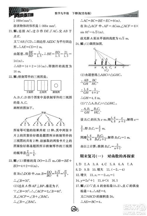 北京教育出版社2025年春初中同步练习册九年级数学下册青岛版答案 北京教育出版社2025年春初中同步练习册九年级数学下册青岛版答案