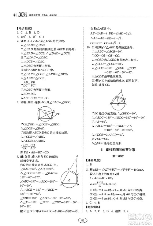 山东科学技术出版社2025年春初中同步练习册九年级数学下册鲁教版五四制答案 山东科学技术出版社2025年春初中同步练习册九年级数学下册鲁教版五四制答案