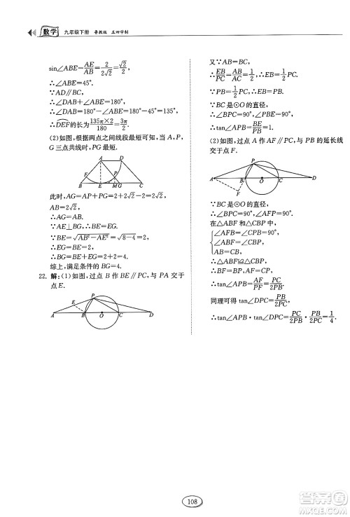 山东科学技术出版社2025年春初中同步练习册九年级数学下册鲁教版五四制答案 山东科学技术出版社2025年春初中同步练习册九年级数学下册鲁教版五四制答案