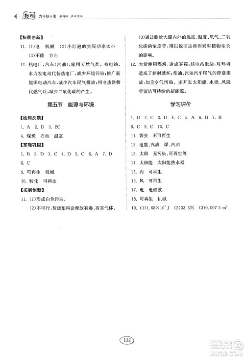 山东科学技术出版社2025年春初中同步练习册九年级物理下册鲁科版五四制答案 山东科学技术出版社2025年春初中同步练习册九年级物理下册鲁科版五四制答案