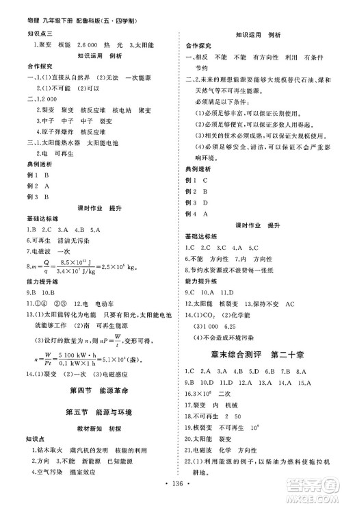 山东人民出版社2025年春初中同步练习册九年级物理下册鲁科版五四制答案