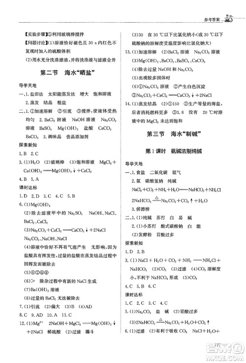 明天出版社2025年春初中同步练习册九年级化学下册鲁教版五四制答案