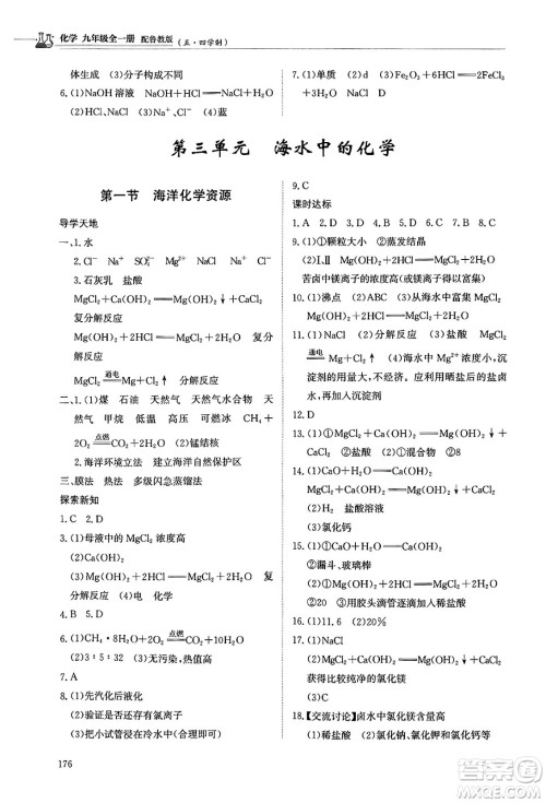 明天出版社2025年春初中同步练习册九年级化学下册鲁教版五四制答案