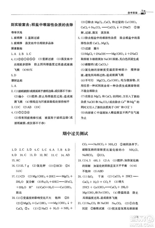 明天出版社2025年春初中同步练习册九年级化学下册鲁教版五四制答案