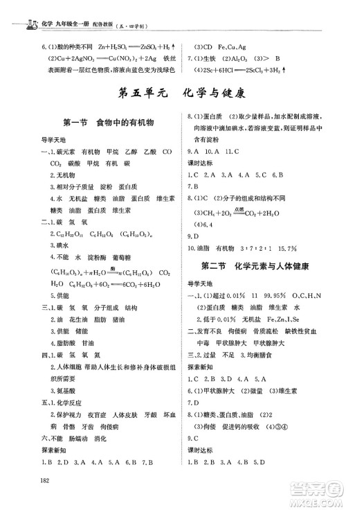 明天出版社2025年春初中同步练习册九年级化学下册鲁教版五四制答案