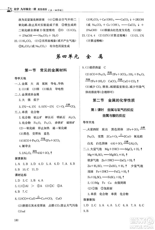明天出版社2025年春初中同步练习册九年级化学下册鲁教版五四制答案