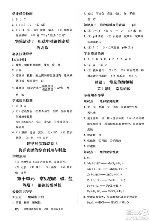 人民教育出版社2025年春初中同步练习册九年级化学下册人教版答案