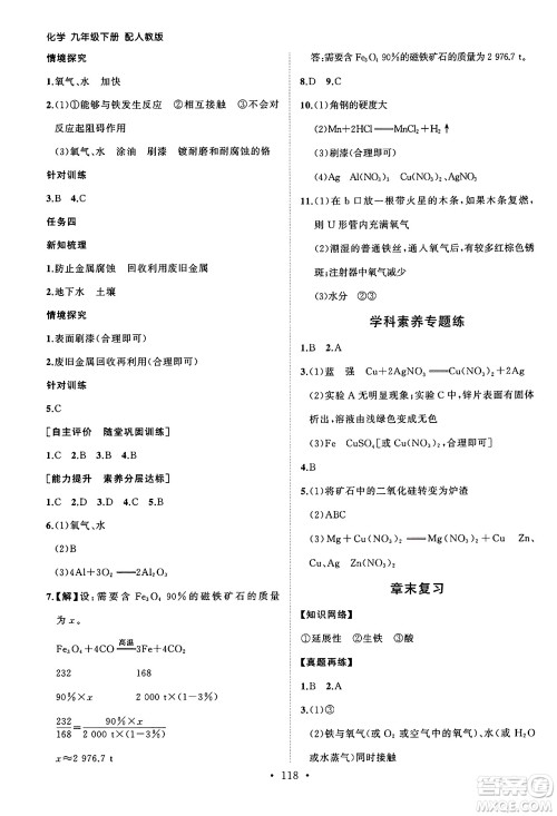 山东人民出版社2025年春初中同步练习册九年级化学下册人教版山东专版答案