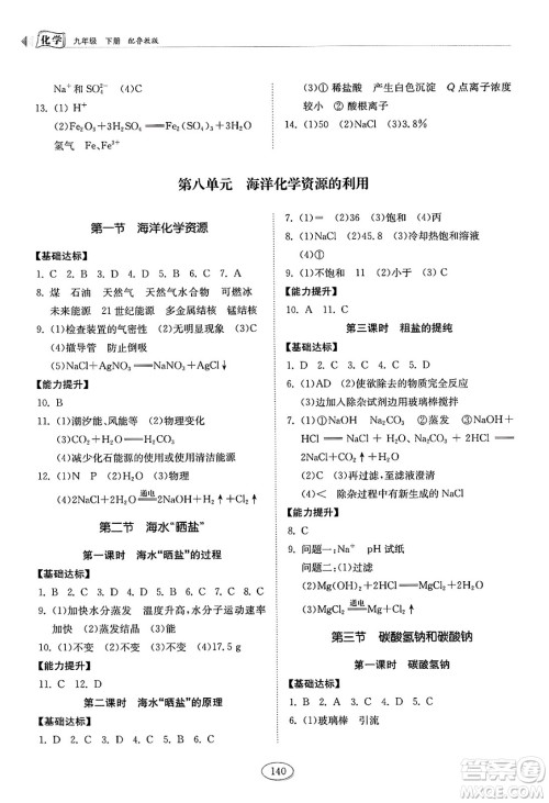 山东科学技术出版社2025年春初中同步练习册九年级化学下册鲁教版答案