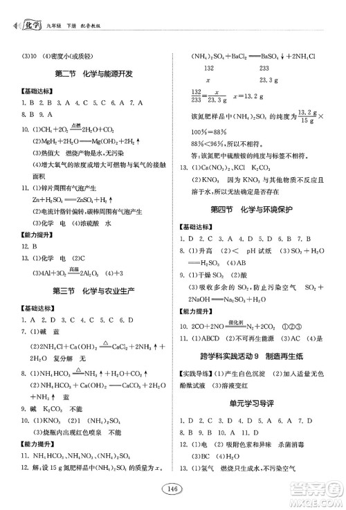 山东科学技术出版社2025年春初中同步练习册九年级化学下册鲁教版答案