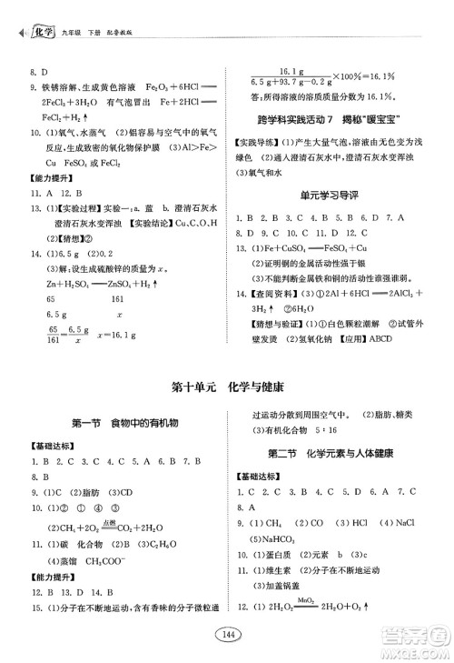 山东科学技术出版社2025年春初中同步练习册九年级化学下册鲁教版答案