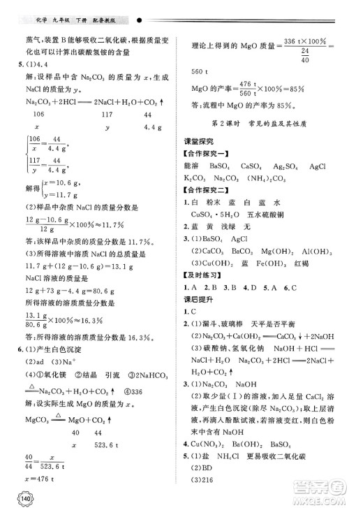 明天出版社2025年春初中同步练习册九年级化学下册鲁教版答案
