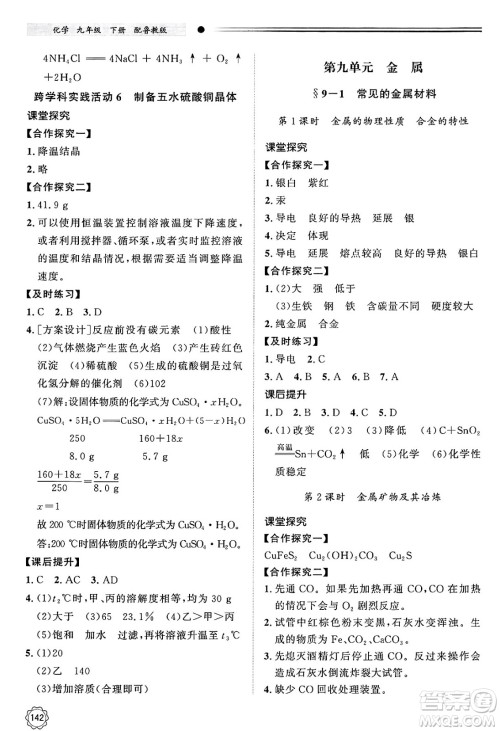 明天出版社2025年春初中同步练习册九年级化学下册鲁教版答案