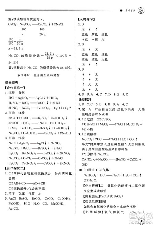 明天出版社2025年春初中同步练习册九年级化学下册鲁教版答案