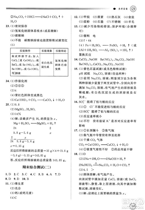 明天出版社2025年春初中同步练习册九年级化学下册鲁教版答案