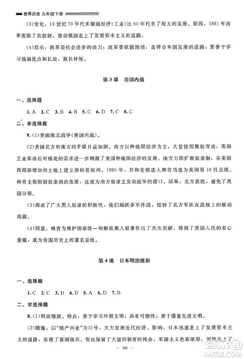 北京师范大学出版社2025年春初中同步练习册九年级历史下册人教版答案