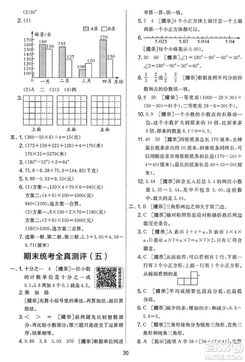 江苏人民出版社2025年春春雨教育实验班提优大考卷四年级数学下册人教版答案
