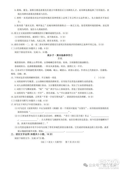 2025届H20高中联盟4月高三联考语文试卷答案