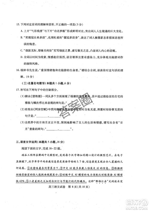 2025第十届湖北省高三4月调研模拟考试语文试卷答案