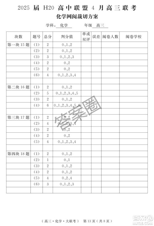 2025届H20高中联盟4月高三联考化学试卷答案 2025届H20高中联盟4月高三联考化学试卷答案